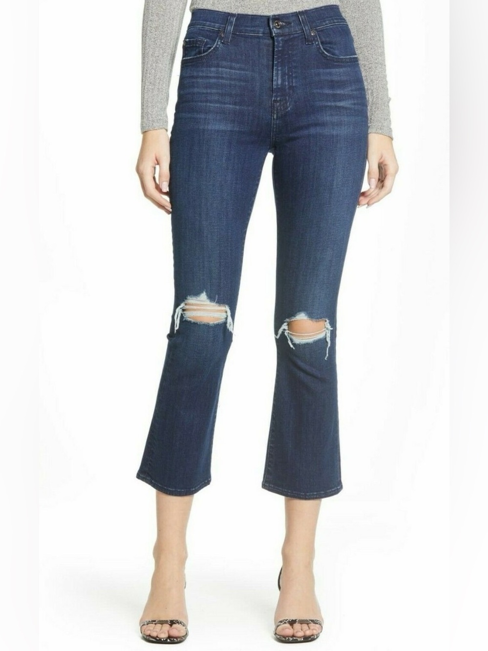 7 For All Mankind High-Waist Slim Kick Crop Ripped Mystic Destroy Blue Jeans 24